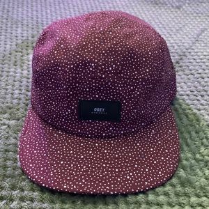 OBEY journey 5 panel hat, burgundy with white and blue polka dots